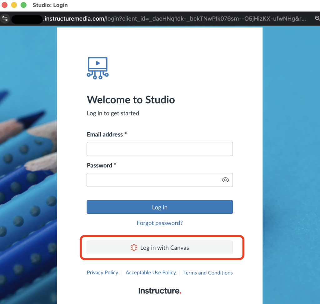 A canvas studio login window